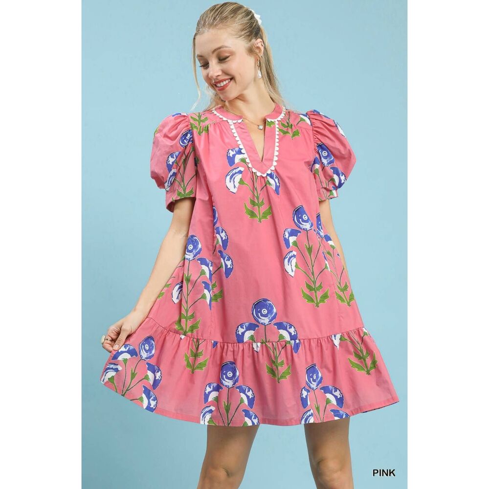 Umgee Floral Print Puff Sleeve A-Line Dress Pink w Blue Flowers Sz Medium - Picture 4 of 6
